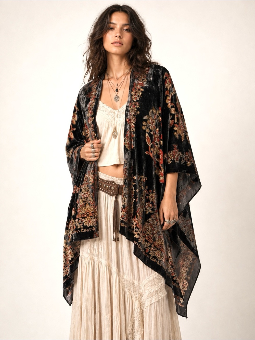 Boho Whimsigoth Velvet Burnout Shawl Witchy Floral Coastal Fairycore Swim Cover